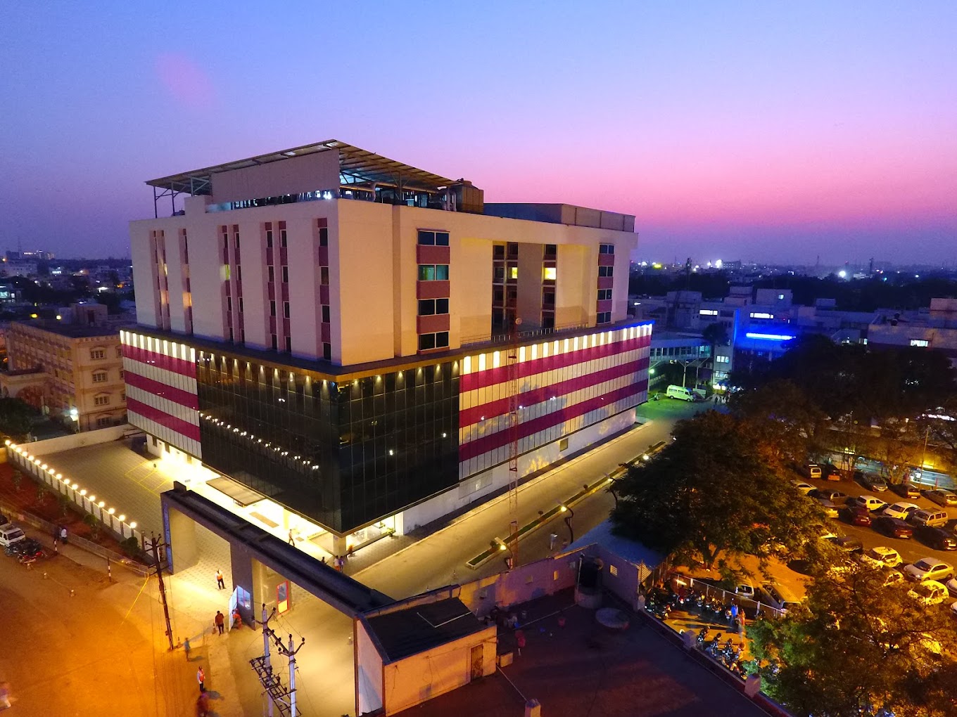 Sri Ramakrishna Hospital, Coimbatore, lit at dusk